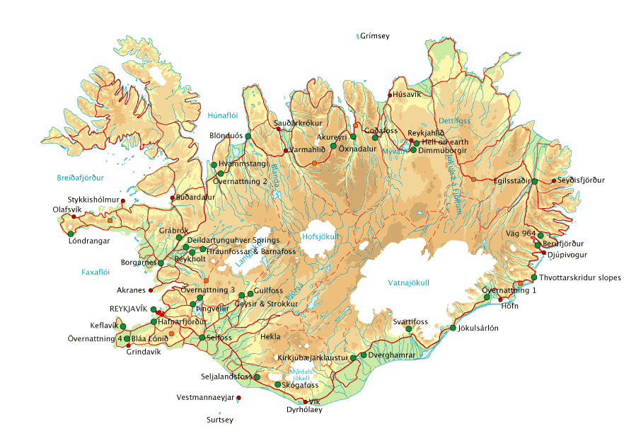 Karta över Island med länkar inlagda i bilden